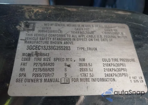 2008 Chevrolet Silverado 1500 Lt1 из США, поврежденный, VIN 3GCEC13J38G265283